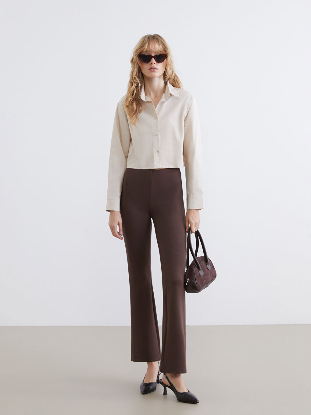 Kahverengi Beli Lastikli İspanyol Paça Kadın Tayt Pantolon