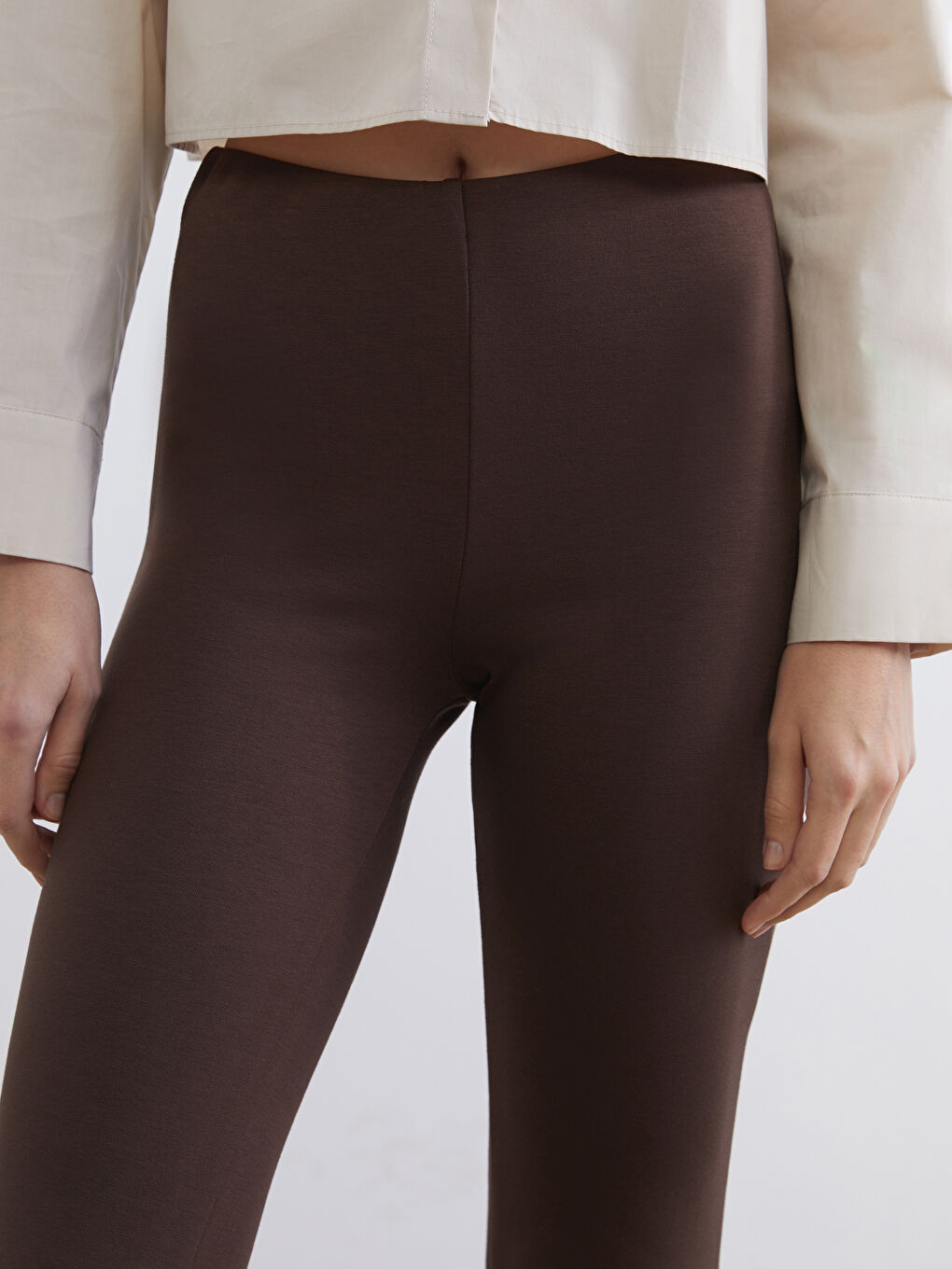 Kahverengi Beli Lastikli İspanyol Paça Kadın Tayt Pantolon-2