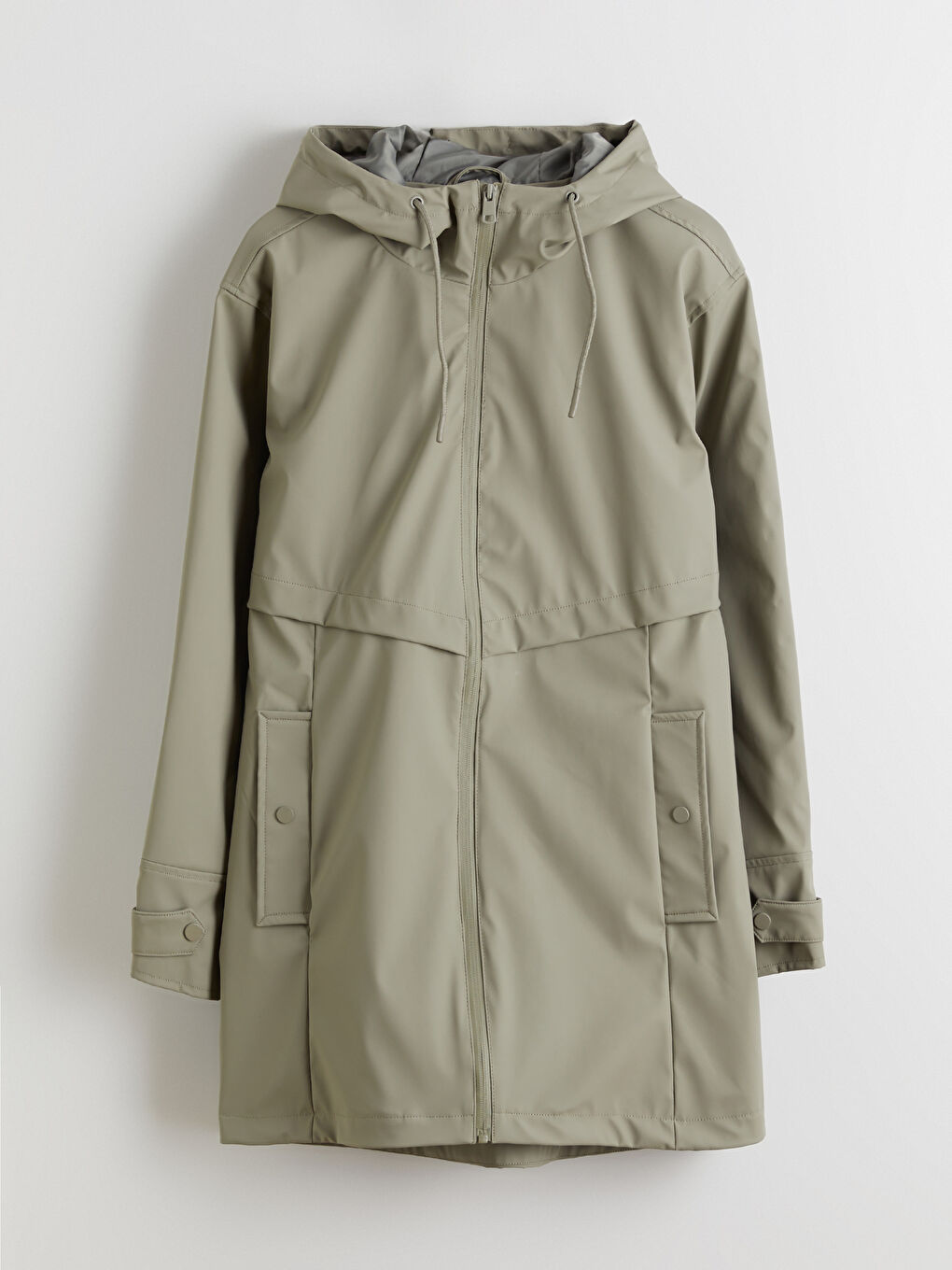 Haki Kapüşonlu Kadın Deri Görünümlü Yağmurluk-5