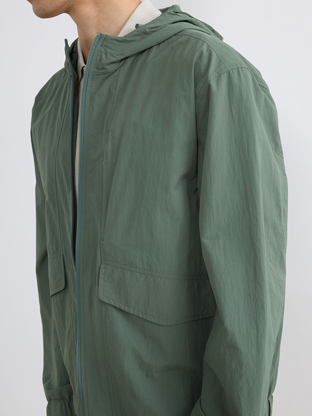 Yeşil Loose Fit Kapüşonlu Erkek Yağmurluk-3