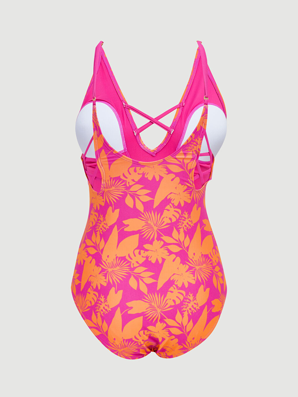 Fuşya V Yaka Çapraz Bant Detaylı Desenli Kadın Mayo-1