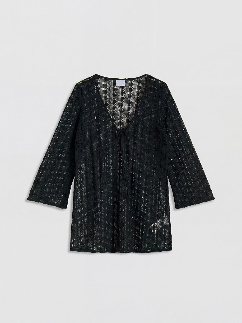 Siyah V Yaka Ajurlu Kadın Triko Plaj Elbisesi