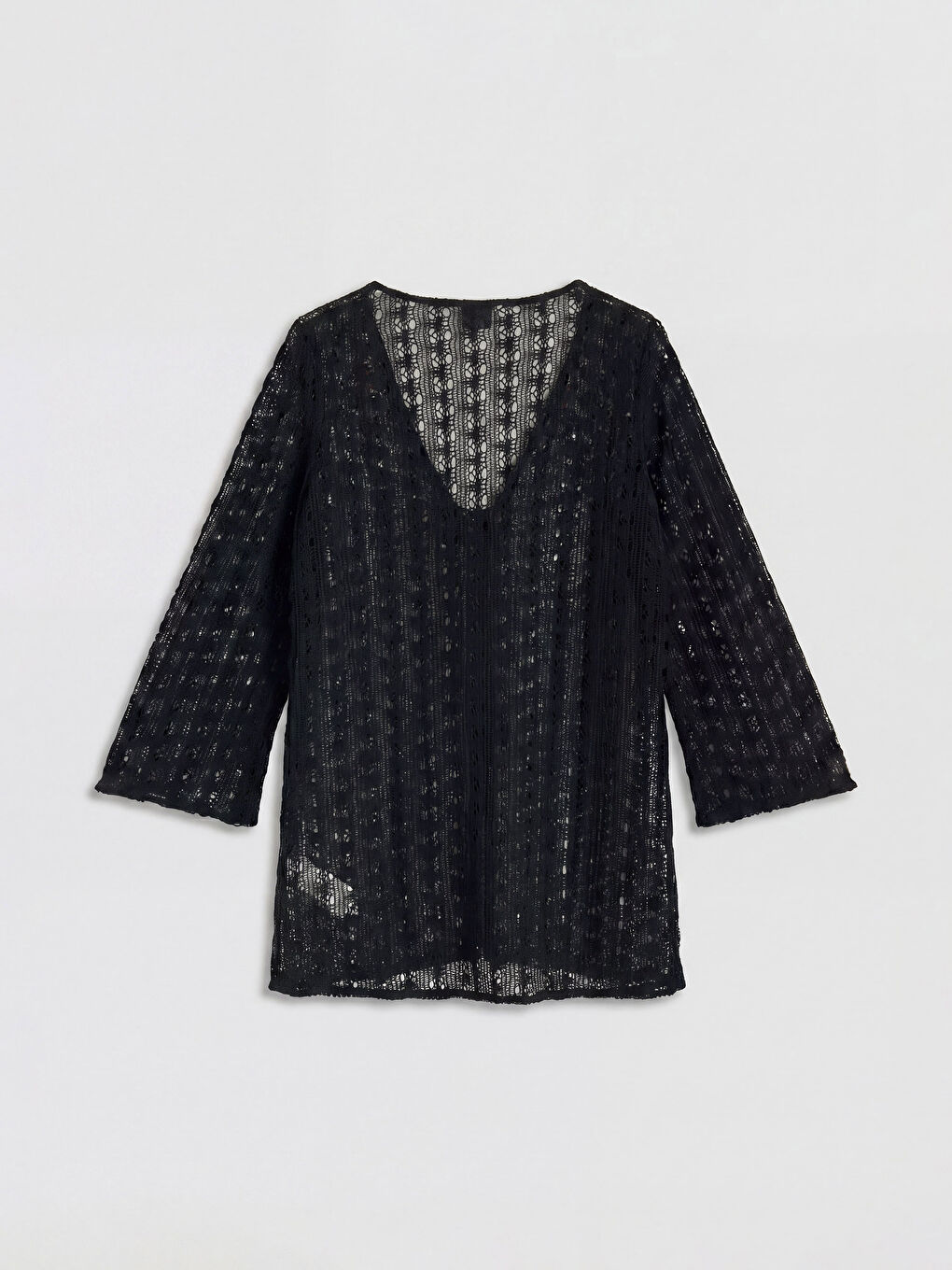 Siyah V Yaka Ajurlu Kadın Triko Plaj Elbisesi-1