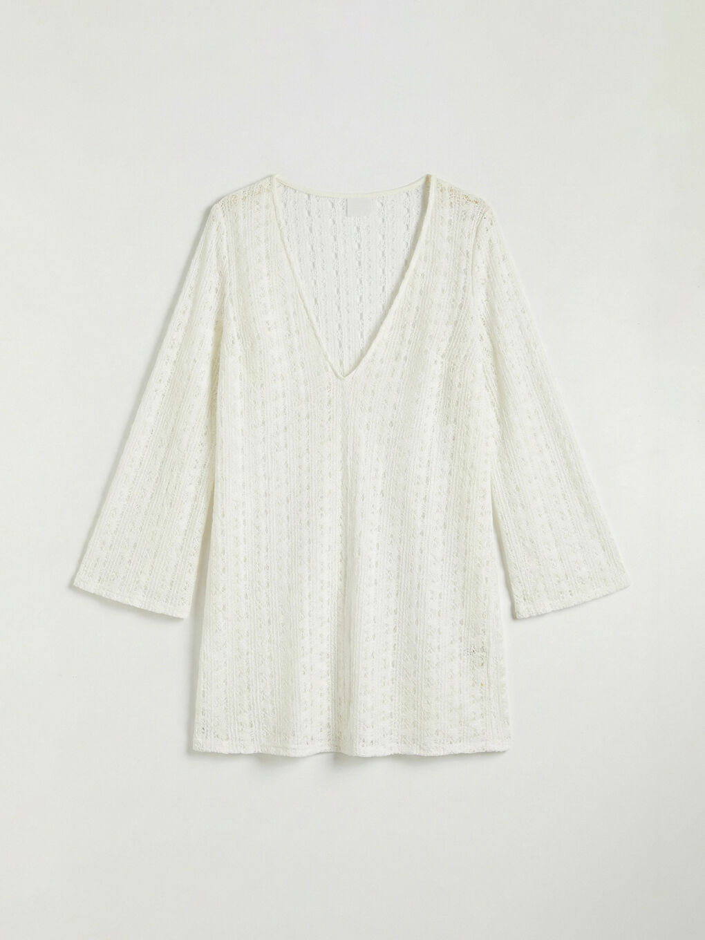 Beyaz V Yaka Ajurlu Plaj Elbisesi