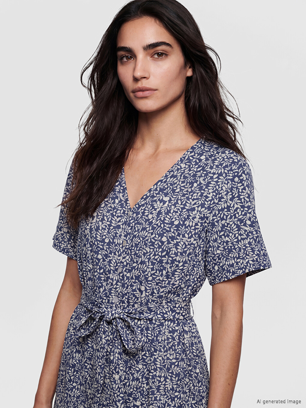 V Neck Short Sleeve Sashed Floral Dress-1