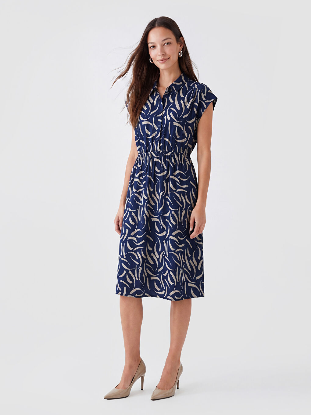 Collared Neck Short Sleeve Patterned Women's Dress