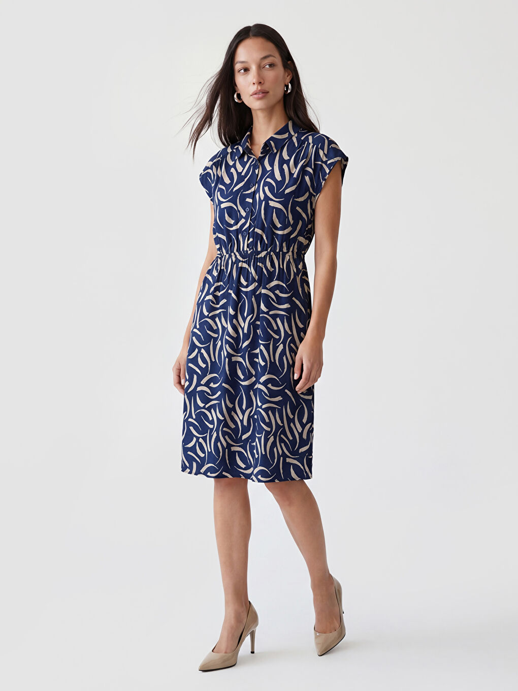 Collared Neck Short Sleeve Patterned Women's Dress-1