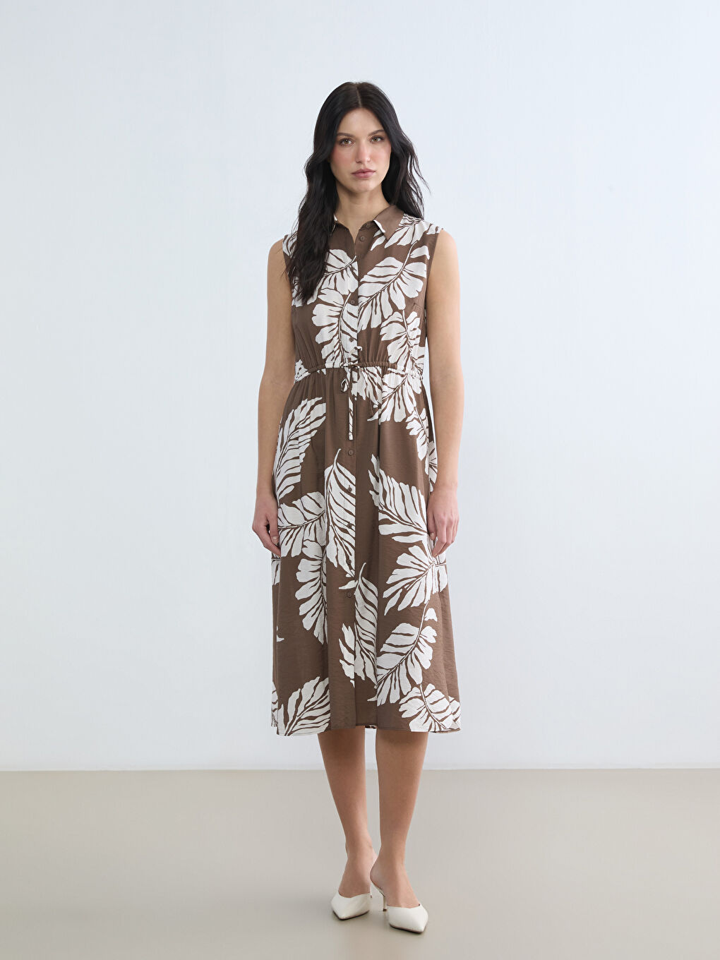Patterned Shirred Fitted Waist Shirt Dress