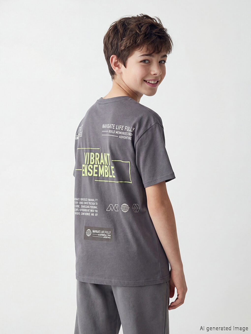 Gri Bisiklet Yaka Baskılı Erkek Çocuk Tişört-1