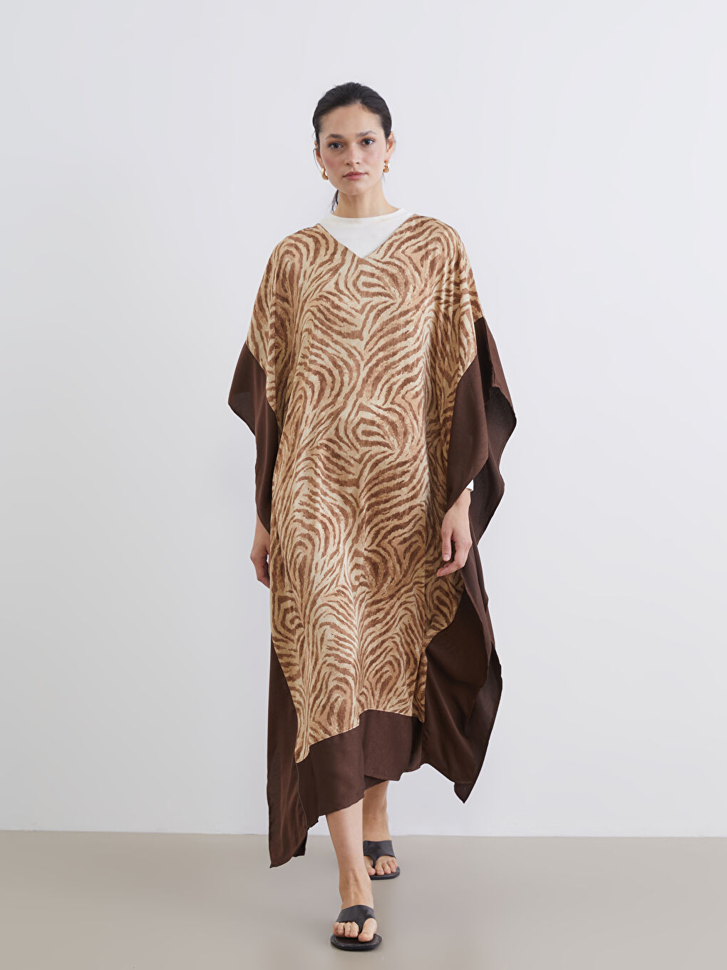 V Neck Patterned Satin Dress