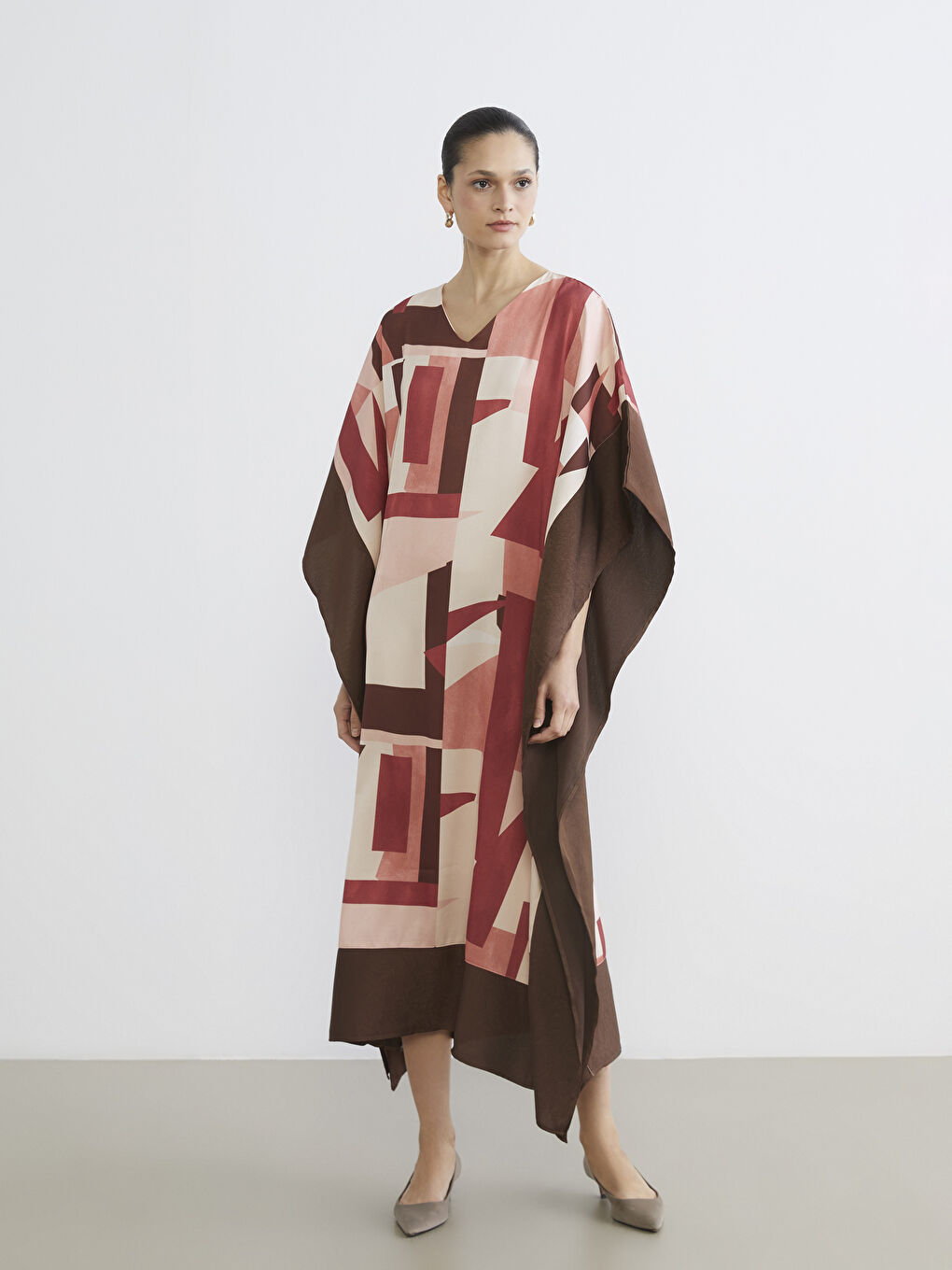 V Neck Patterned Satin Dress