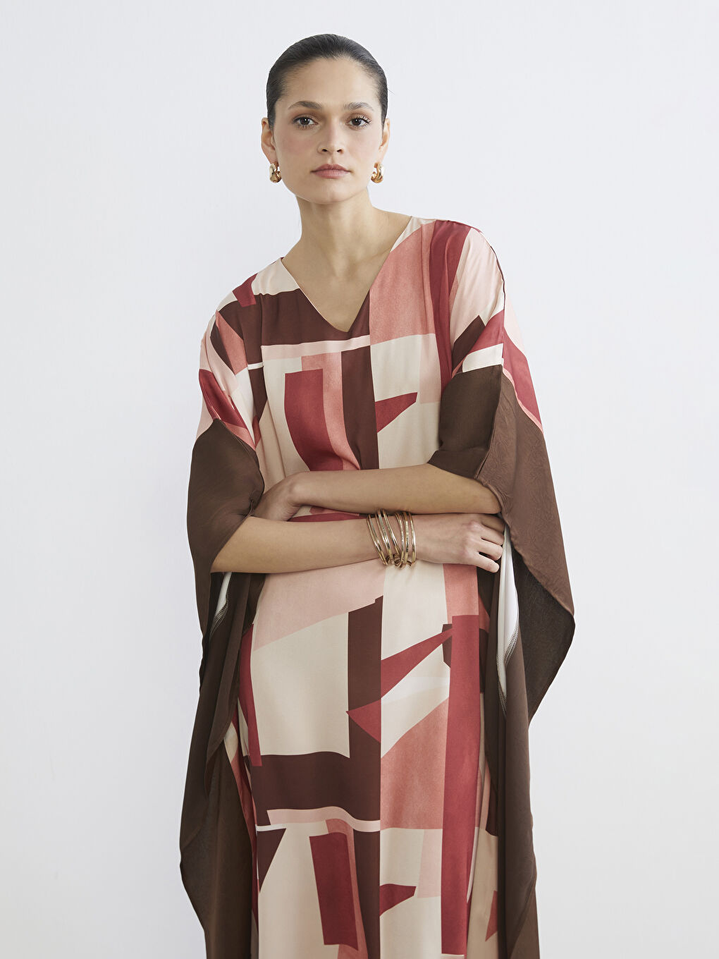 V Neck Patterned Satin Dress-1