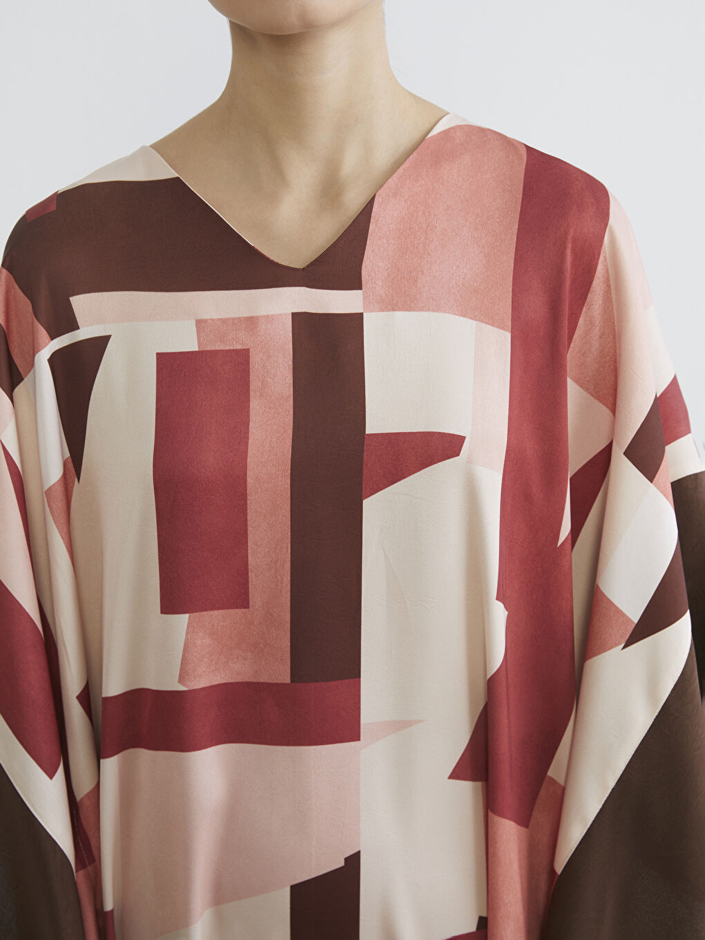 V Neck Patterned Satin Dress-2