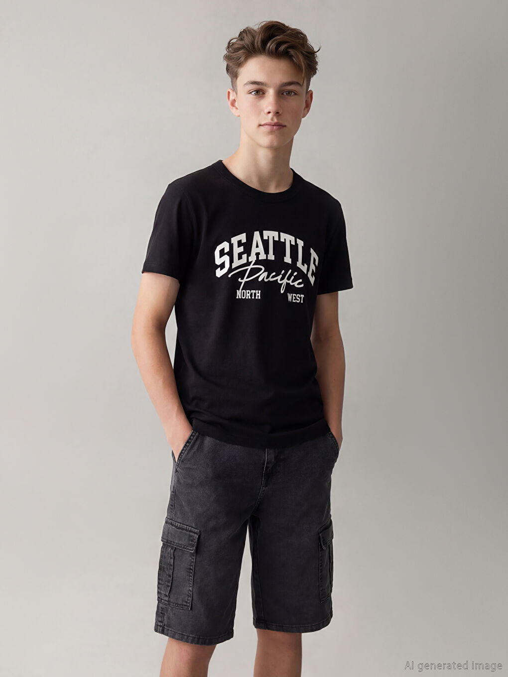 Siyah Bisiklet Yaka Baskılı Erkek Çocuk Tişört