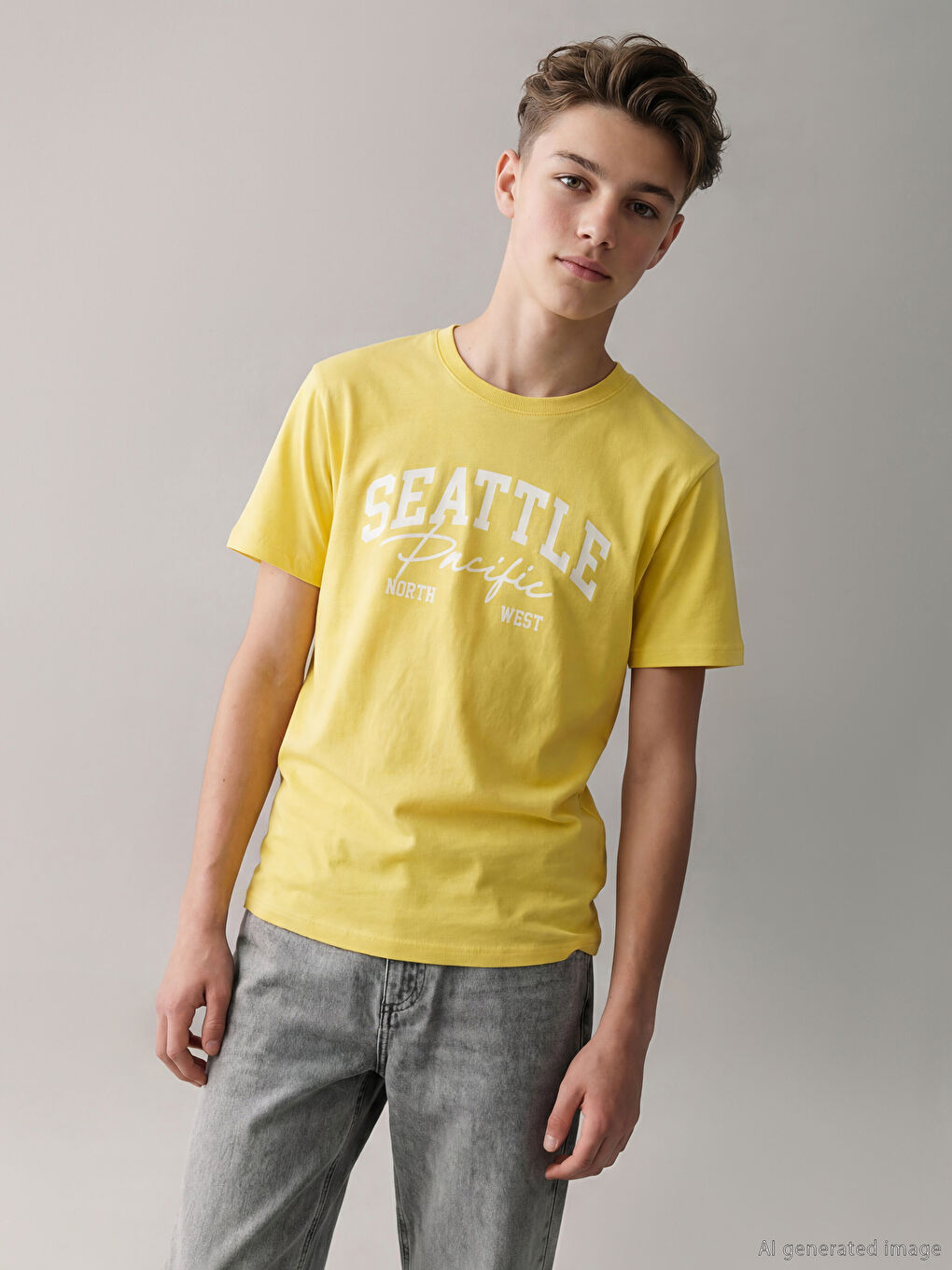 Sarı Bisiklet Yaka Baskılı Erkek Çocuk Tişört-1