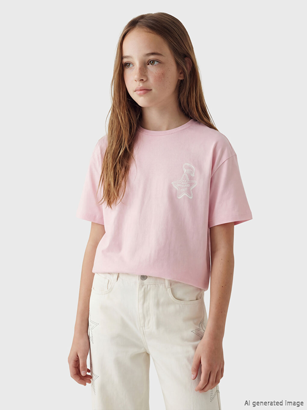 Ekru Baskılı Kız Çocuk Tişört 2'li-1