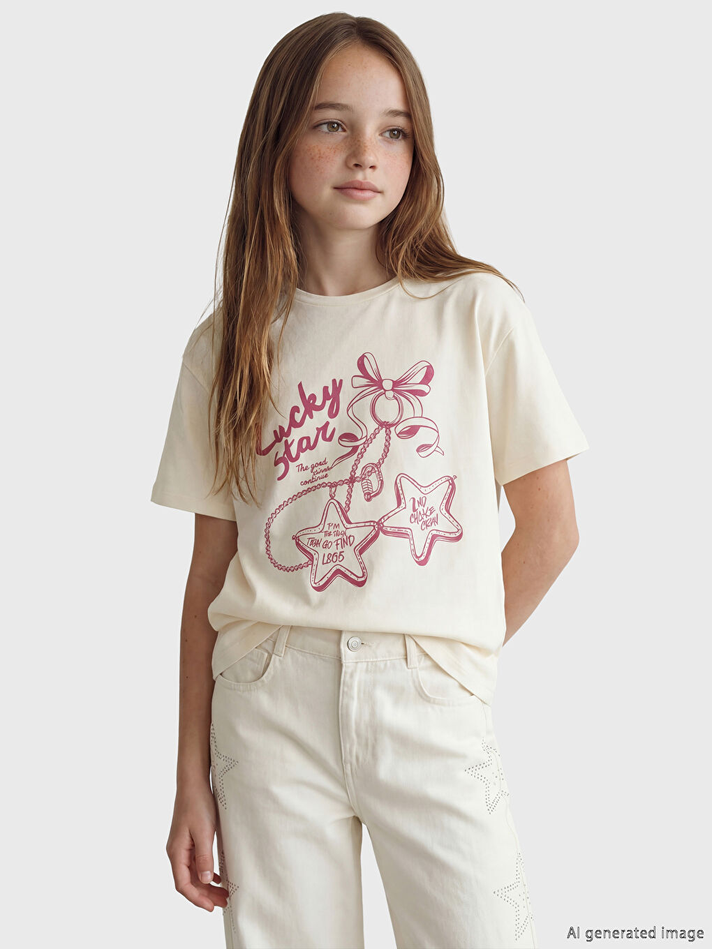 Ekru Baskılı Kız Çocuk Tişört 2'li-2