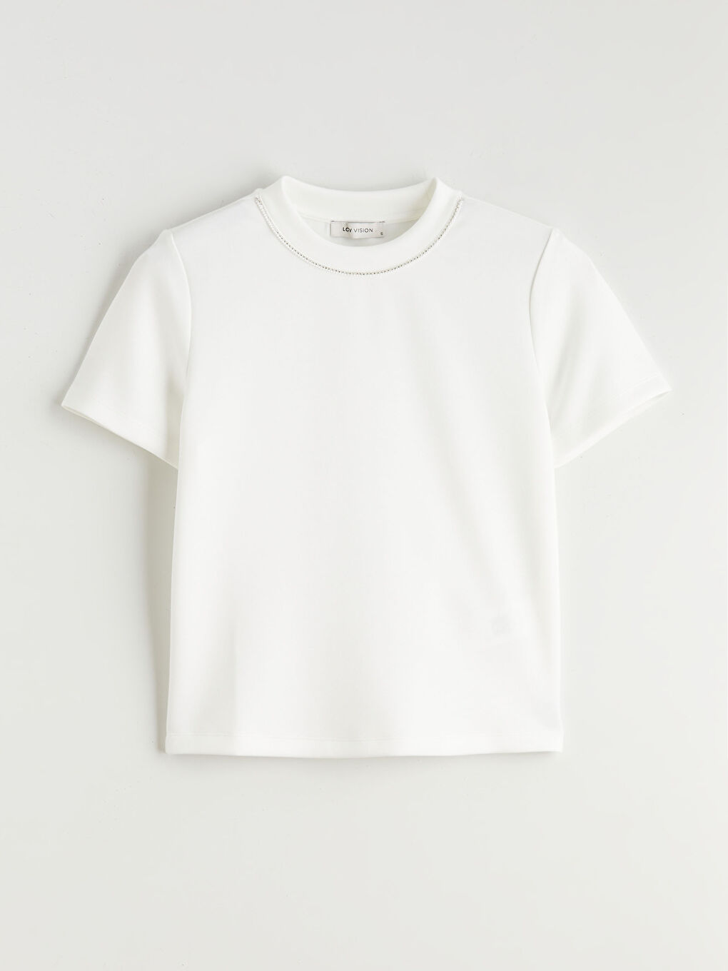 Ekru Dik Yaka Taşlı Kadın Tişört-4