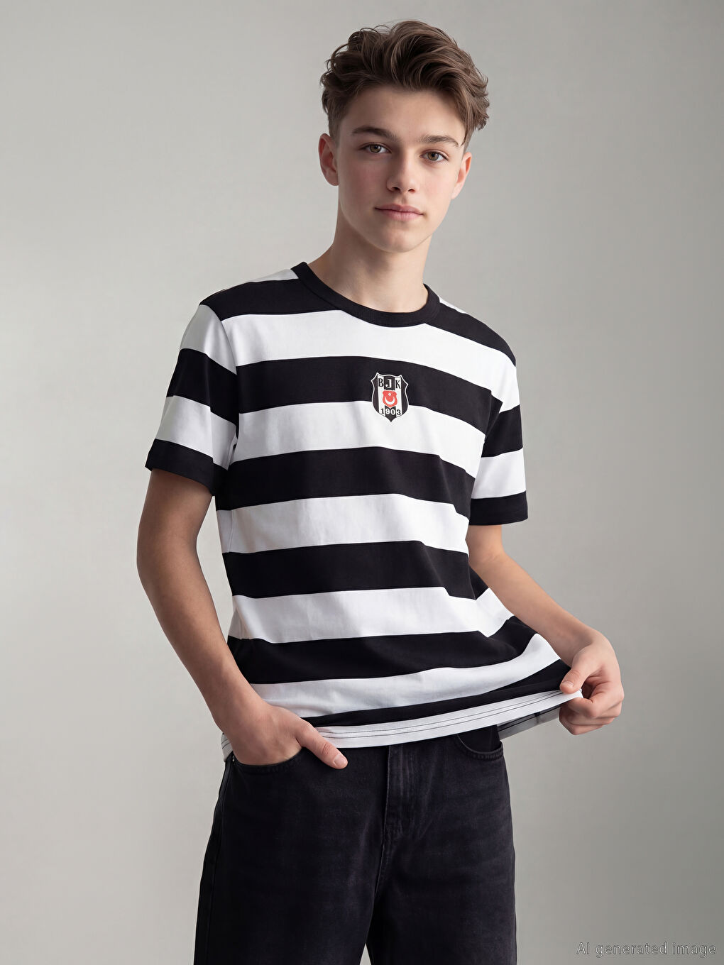 Siyah Bisiklet Yaka Beşiktaş Baskılı Erkek Çocuk Tişört