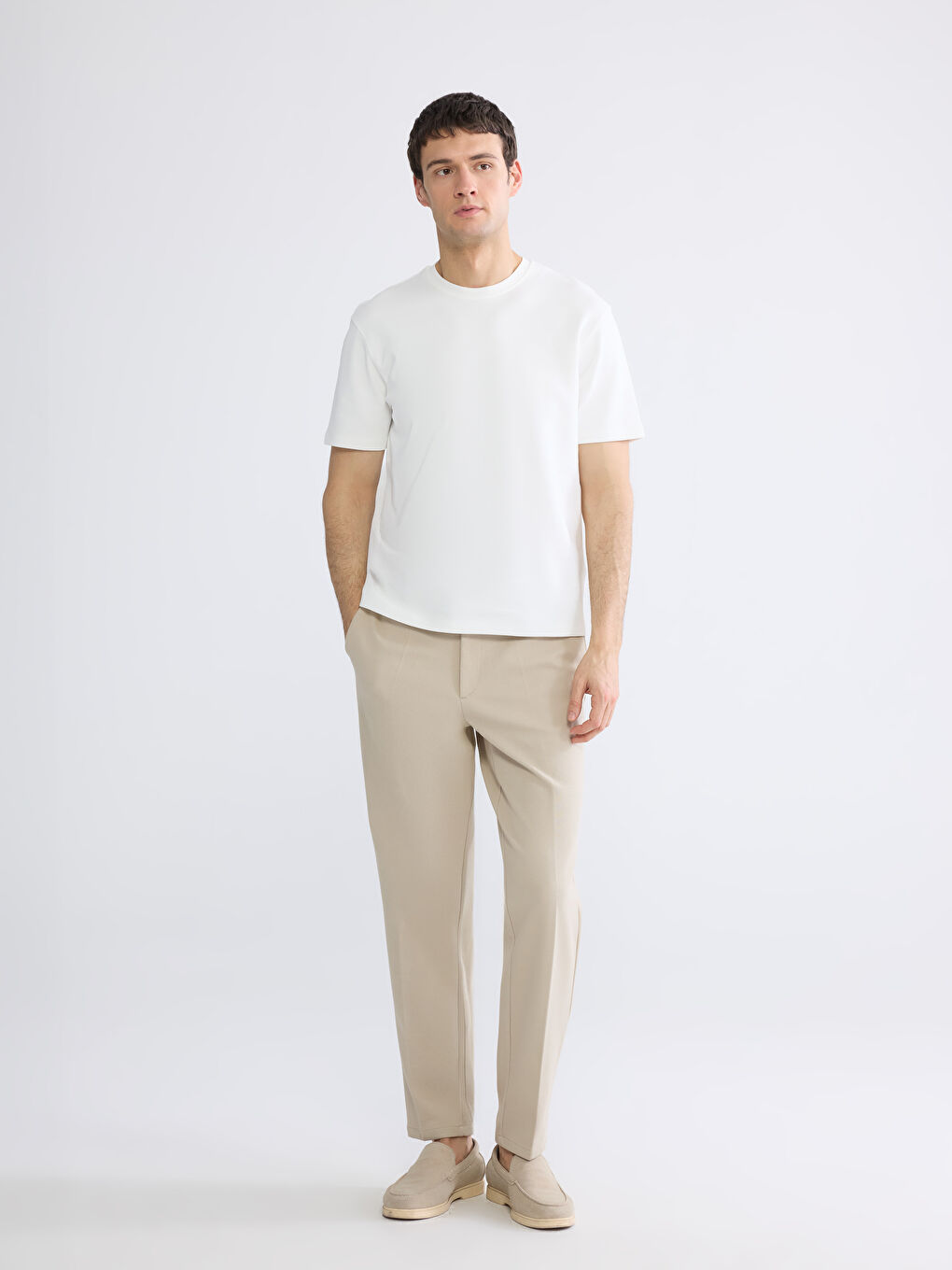 Ekru Bisiklet Yaka Erkek Tişört-1