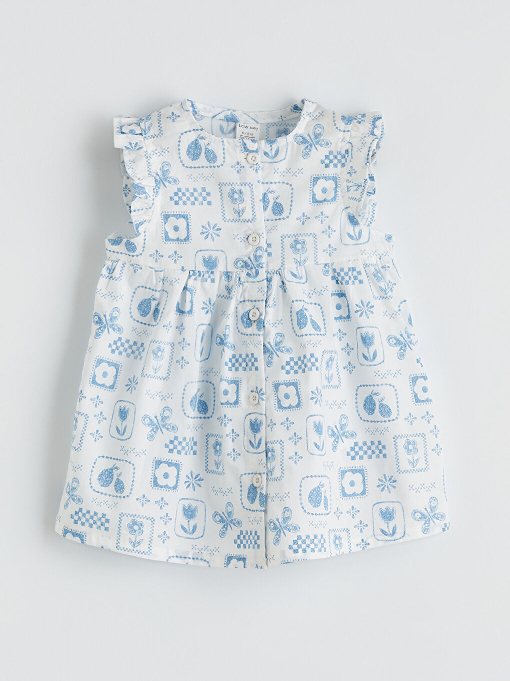 Ekru Desenli Kız Bebek Poplin Elbise
