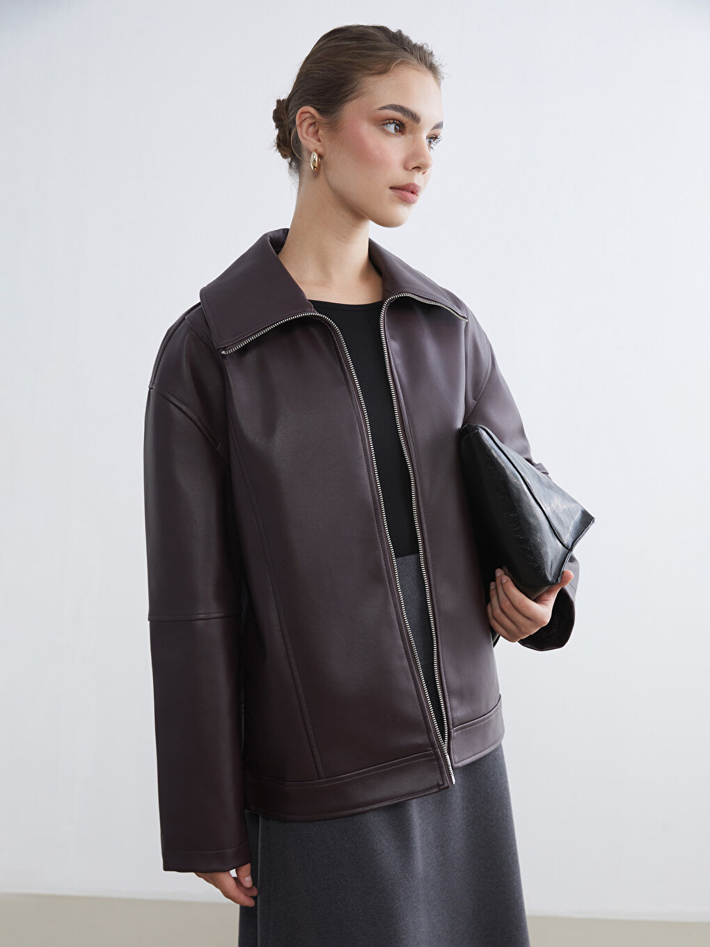 Bordo Gömlek Yaka Oversize Kadın Deri Görünümlü Ceket