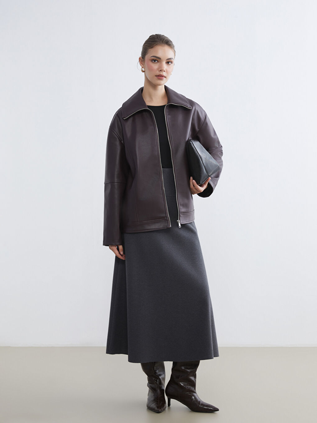 Bordo Gömlek Yaka Oversize Kadın Deri Görünümlü Ceket-1