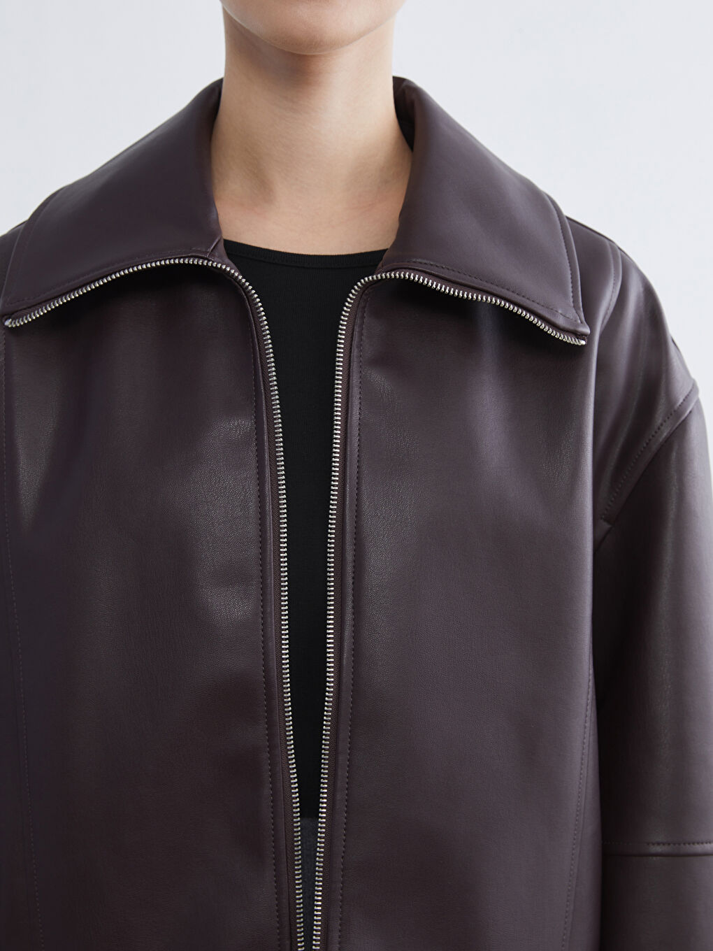 Bordo Gömlek Yaka Oversize Kadın Deri Görünümlü Ceket-2