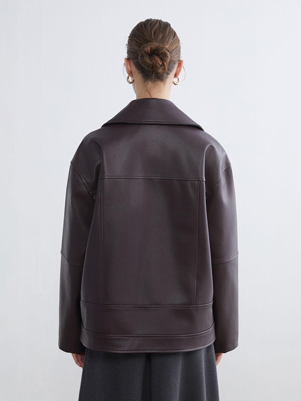 Bordo Gömlek Yaka Oversize Kadın Deri Görünümlü Ceket-4