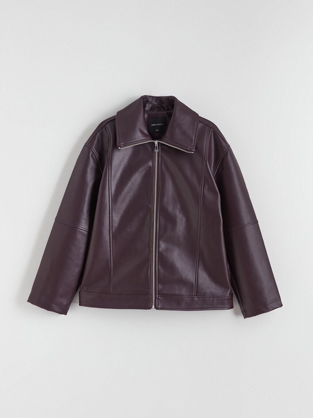 Bordo Gömlek Yaka Oversize Kadın Deri Görünümlü Ceket-5