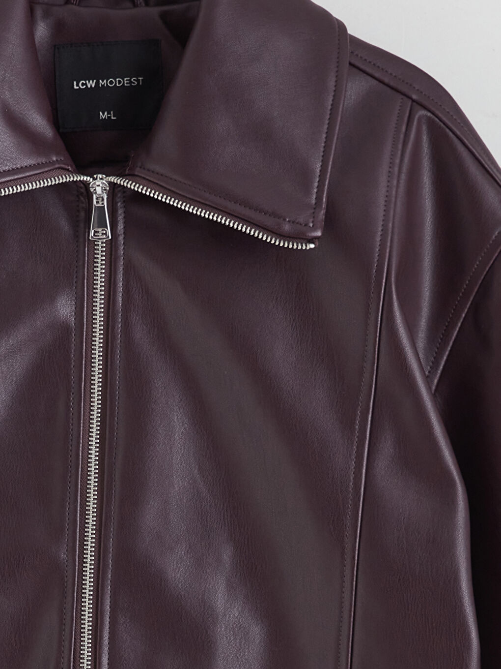 Bordo Gömlek Yaka Oversize Kadın Deri Görünümlü Ceket-7