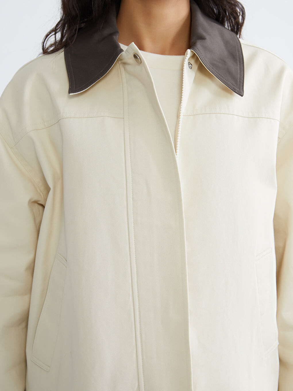 Bej Gömlek Yaka Oversize Kadın Ceket-2