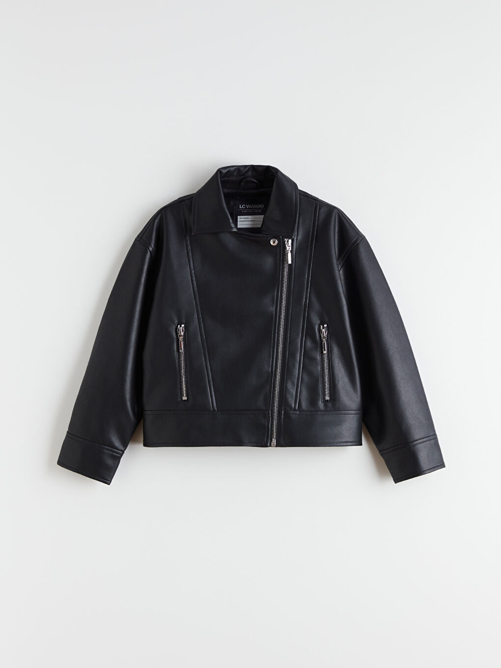 Siyah Deri Görünümlü Kız Çocuk Mont