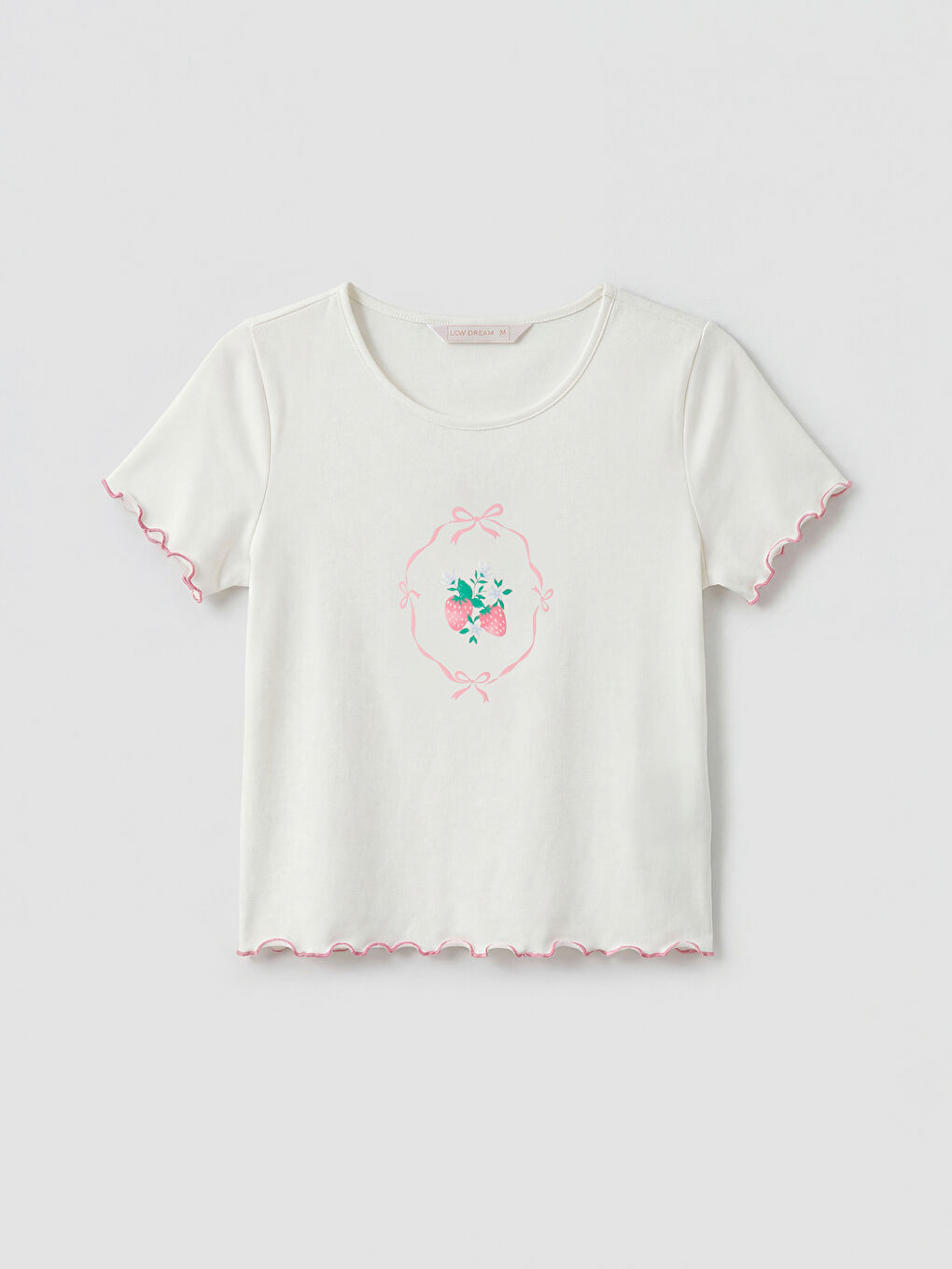 Ekru Bisiklet Yaka Çilek Baskılı Kadın Pijama Üstü