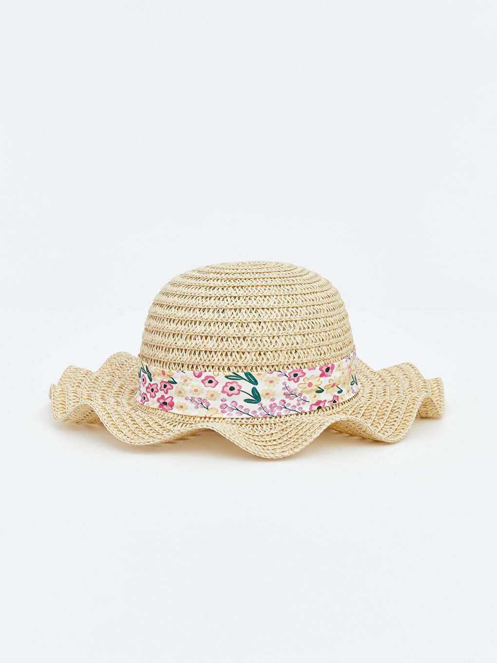 Bej Çiçek Desenli Kız Bebek Hasır Fötr Şapka 