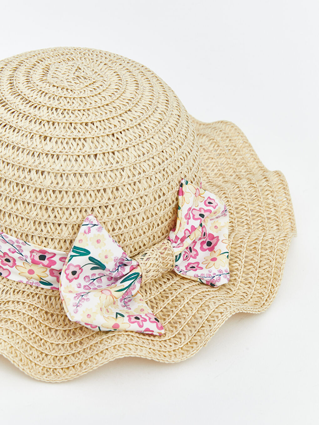 Bej Çiçek Desenli Kız Bebek Hasır Fötr Şapka -1