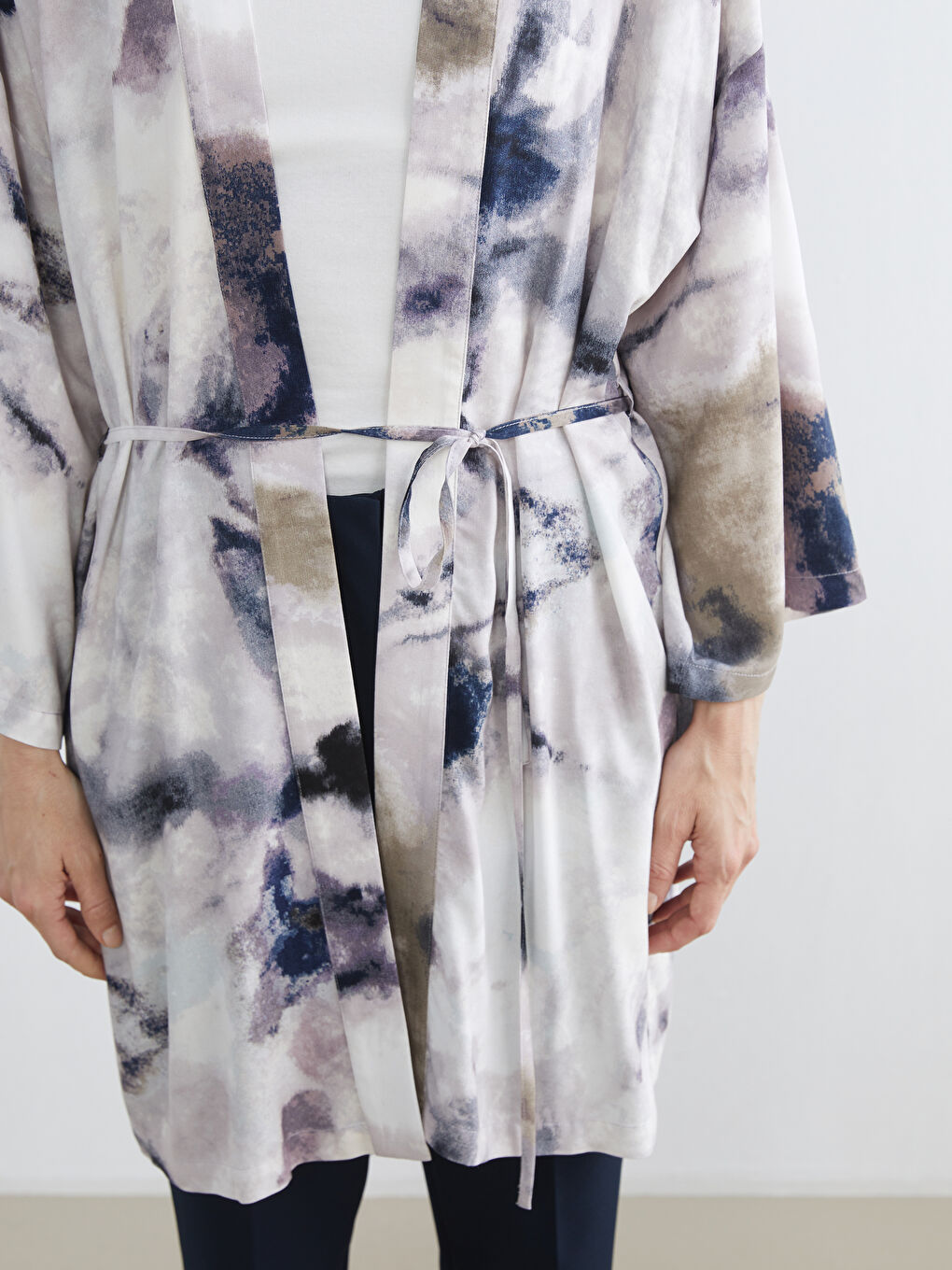 Shawl Collar Patterned Sash Women's Oversize Kimono-2