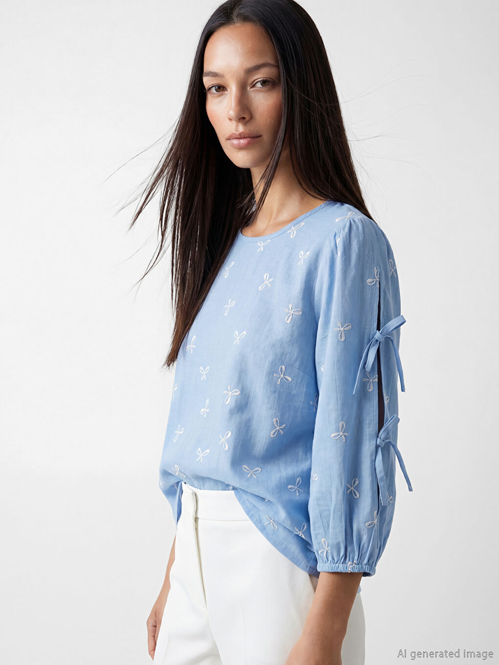 Women's Crew Neck Embroidered Blouse with Tie Detail
