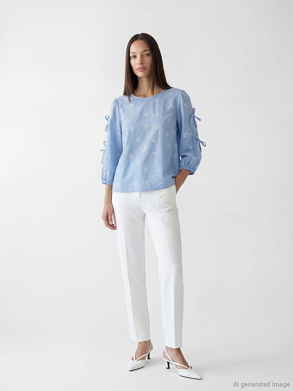 Women's Crew Neck Embroidered Blouse with Tie Detail-1