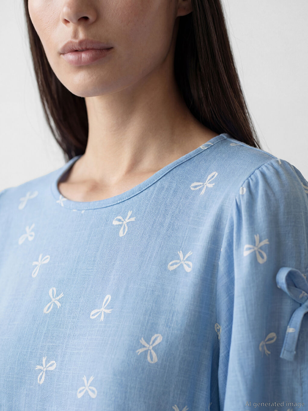 Women's Crew Neck Embroidered Blouse with Tie Detail-2
