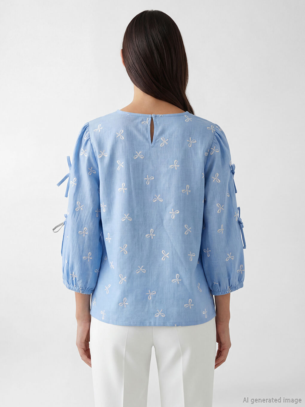 Women's Crew Neck Embroidered Blouse with Tie Detail-3