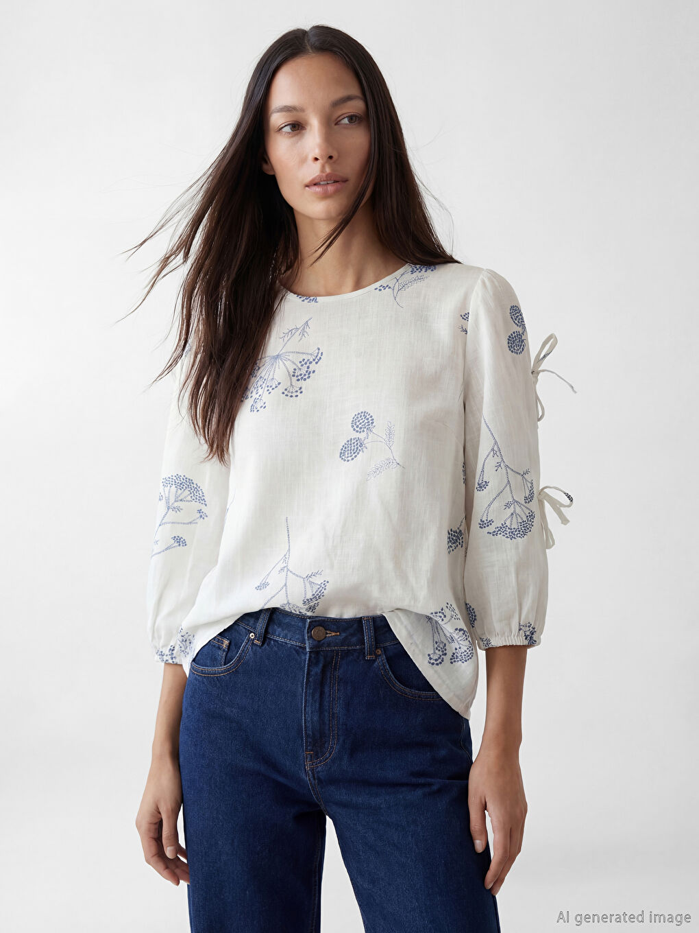 Crew Neck 3/4 Sleeved Patterned Women's Blouse
