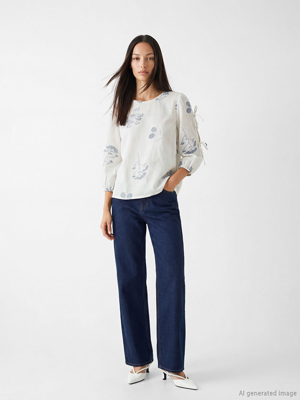 Crew Neck 3/4 Sleeved Patterned Women's Blouse-1