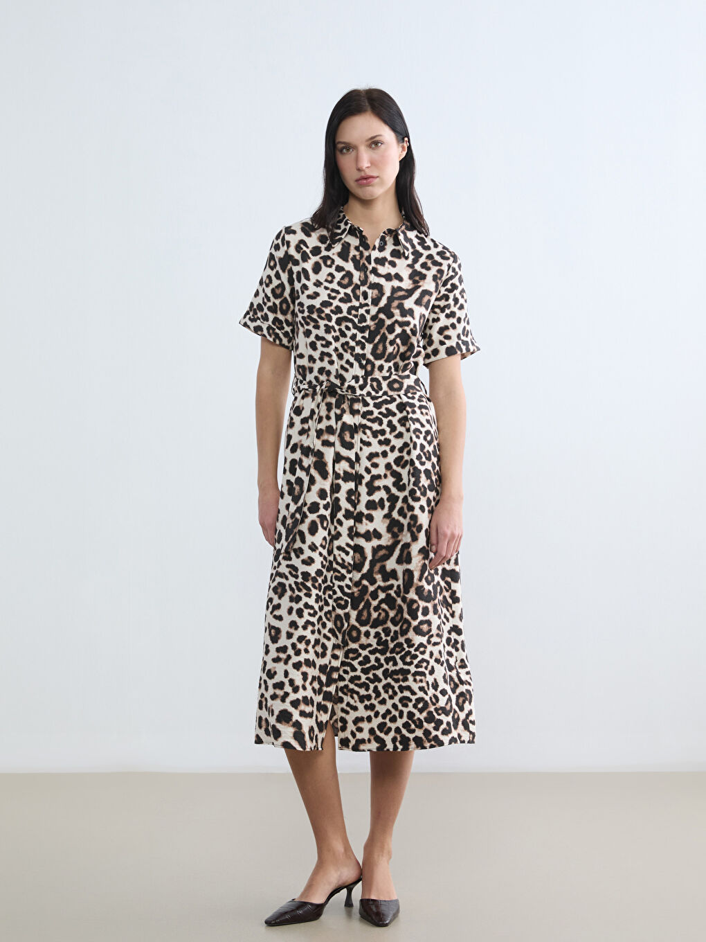 Leopard Print Women's Shirt Dress with Sash