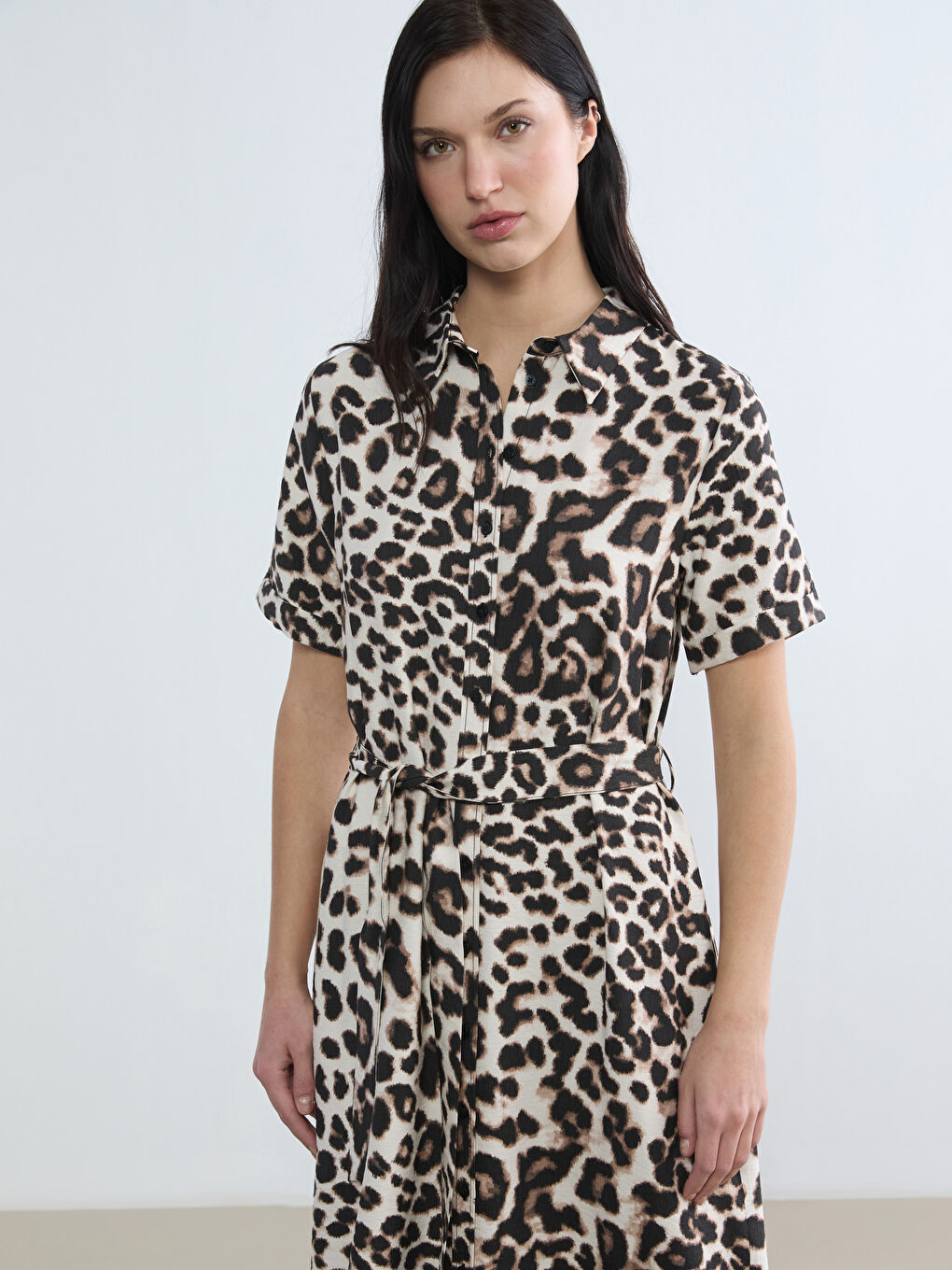 Leopard Print Women's Shirt Dress with Sash-1