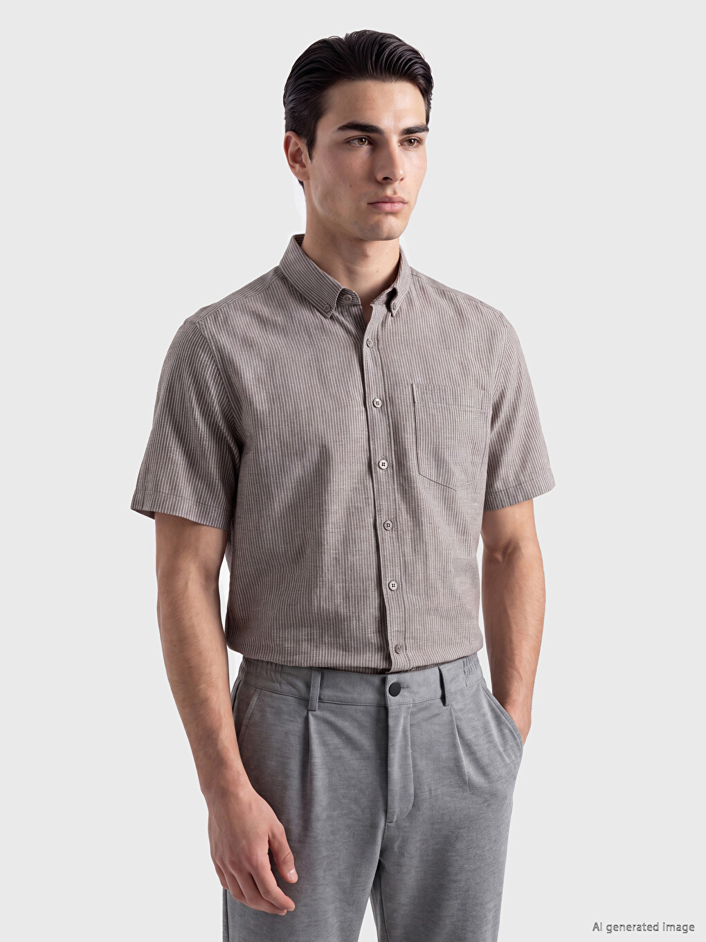 Kahverengi Regular Fit Çizgili Poplin Erkek Gömlek