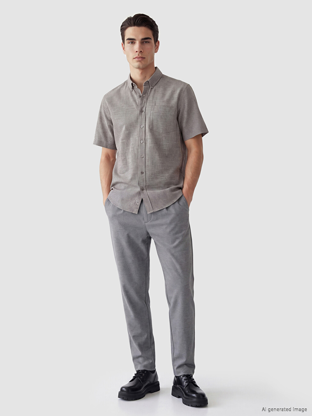 Kahverengi Regular Fit Çizgili Poplin Erkek Gömlek-1