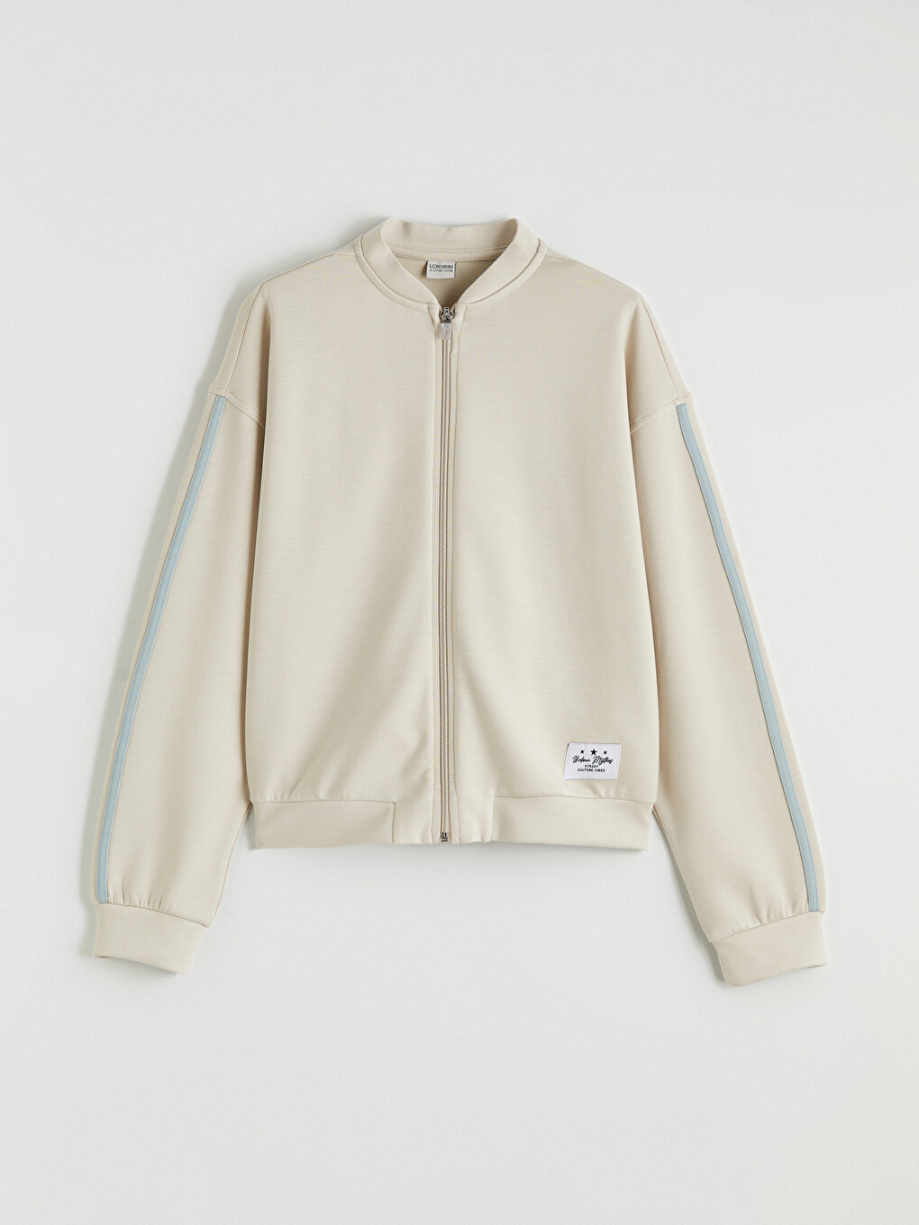 Gri Dik Yaka Şeritli Kız Çocuk Fermuarlı Sweatshirt