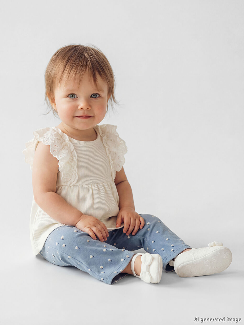 Bej Fırfır Detaylı Çiçekli Kız Bebek Atlet ve Tayt-1