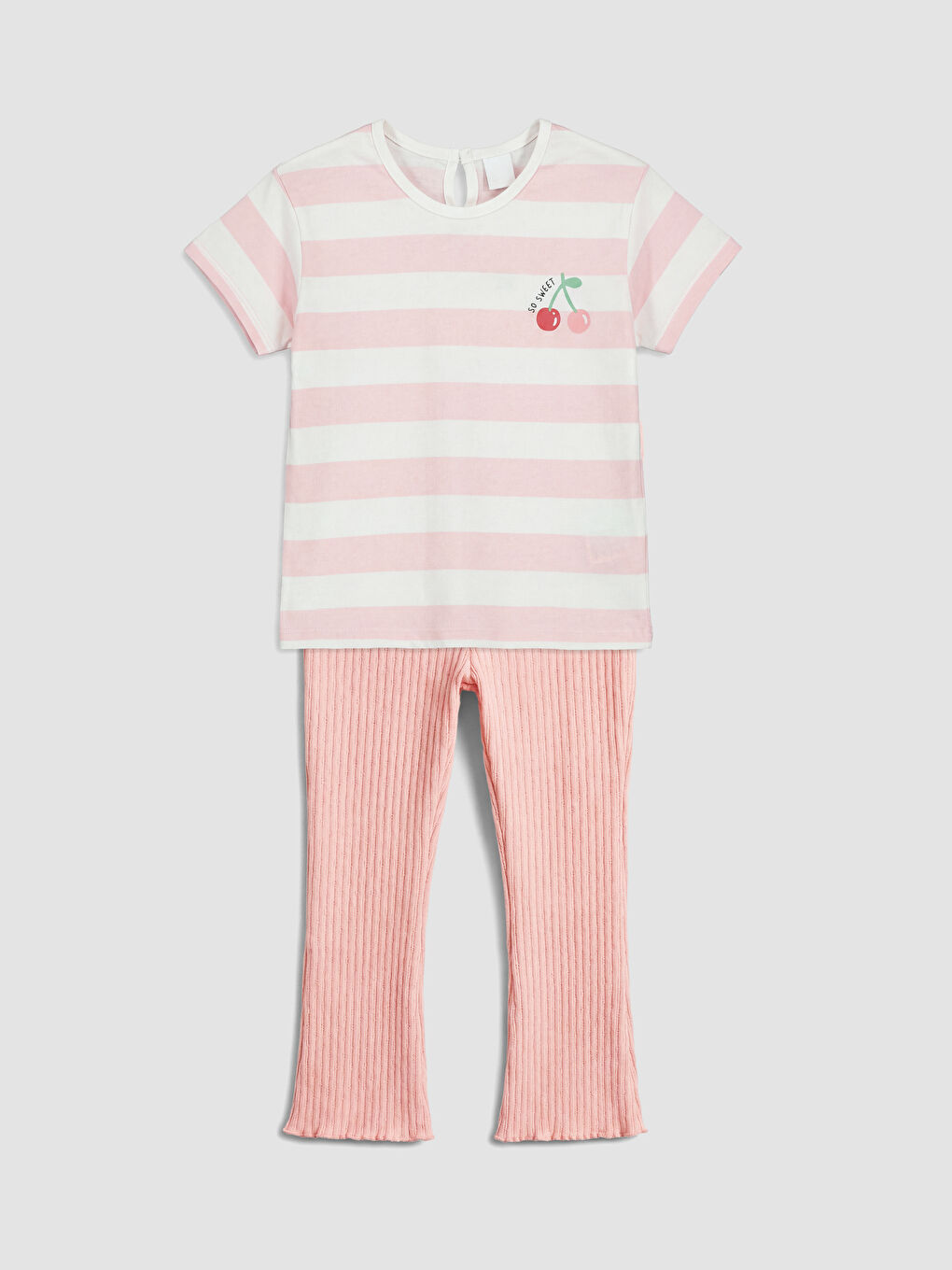 Ekru Çizgili Baskılı Kız Bebek Takım